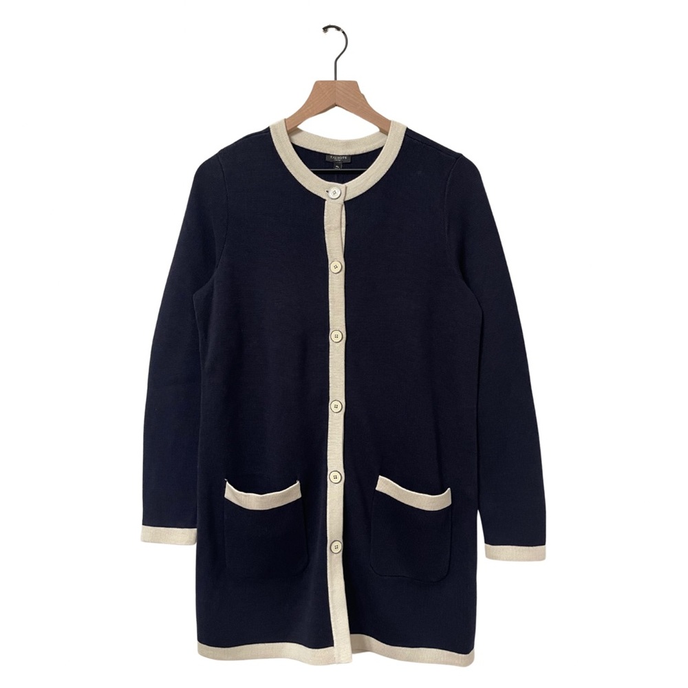 Talbots Navy & Cream Long Duster Blazer Career Style Sweater Size MP
